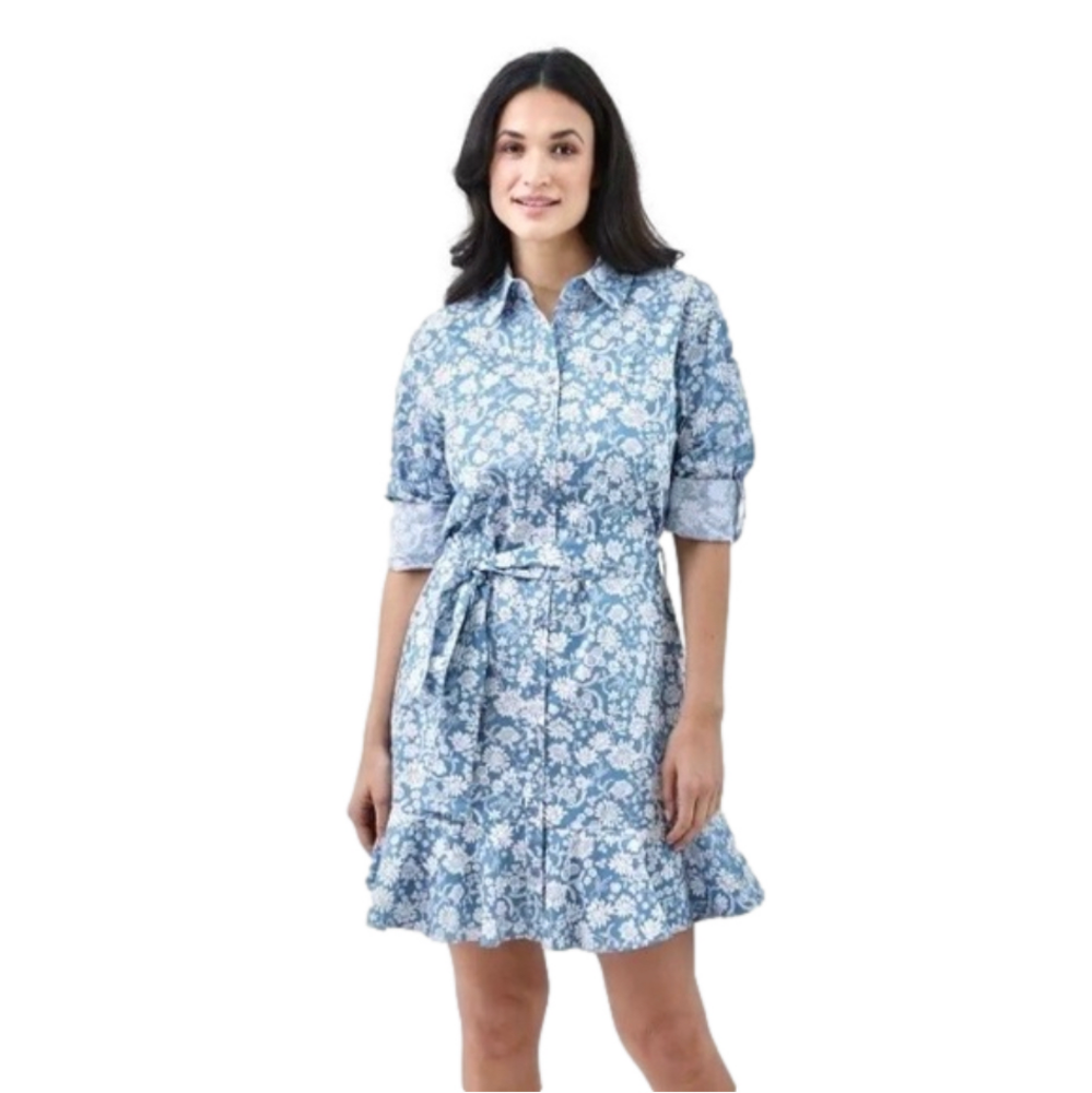 Chaps blue floral belted dress